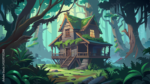 decaying wooden house stands deep in a misty forest, covered in ivy and surrounded by towering ancient trees