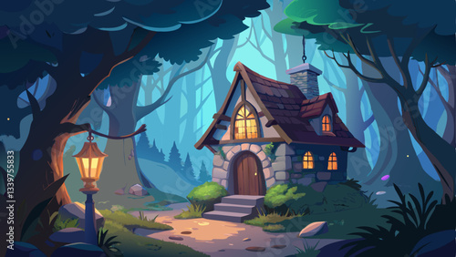 eerie stone cottage with a flickering lantern in the window stands isolated in the heart of a dark, enchanted forest
