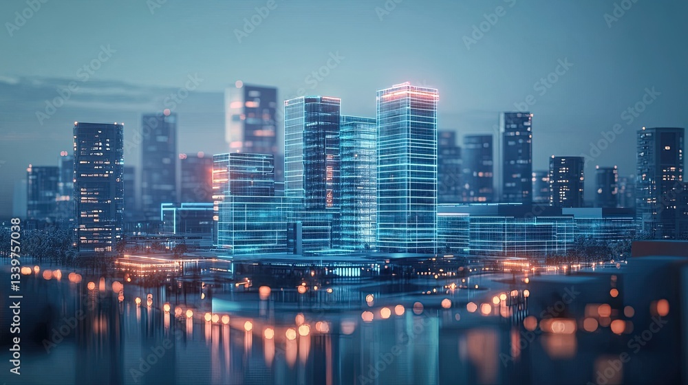 Fototapeta premium Smart Hospital Powered by Resilient Smart Grid in a Futuristic City Skyline, Showcasing the Intersection of Healthcare Innovation and Sustainable Urban Infrastructure for Better Patient Care.