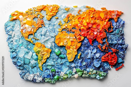 Colorful world map made from recycled plastic illustrating environmental awareness and ocean conservation art