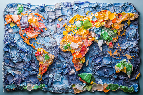 Colorful world map made from recycled plastic illustrating environmental awareness and ocean conservation art