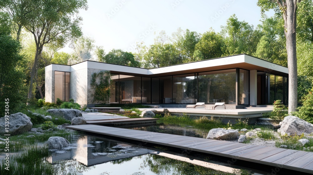 Obraz premium Modern Minimalist House nestled in a lush green forest, reflecting serenity and peace.