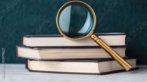 A magnifying glass rests on a stack of books, symbolizing research and exploration against a textured green background.
