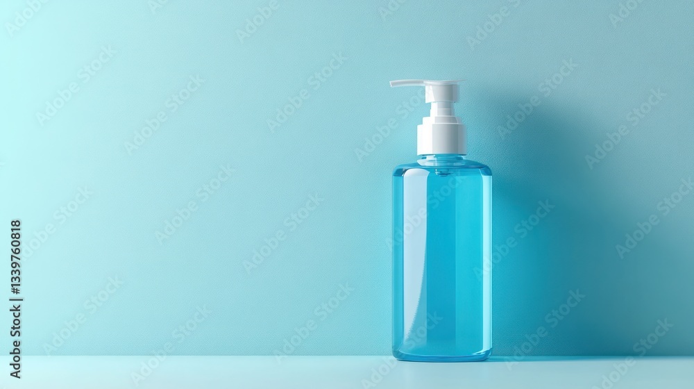 Aqua-Blue Hand Sanitizer Bottle on Pale Blue Background Aqua-Blue Hand Sanitizer Bottle on Pale Blue Background