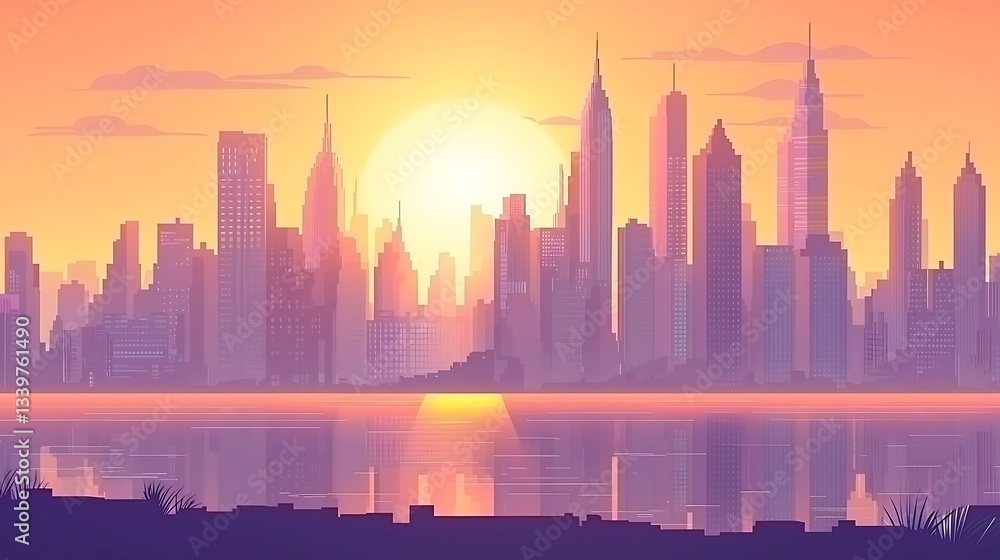 Obraz premium Sunrise over a city skyline reflected in water
