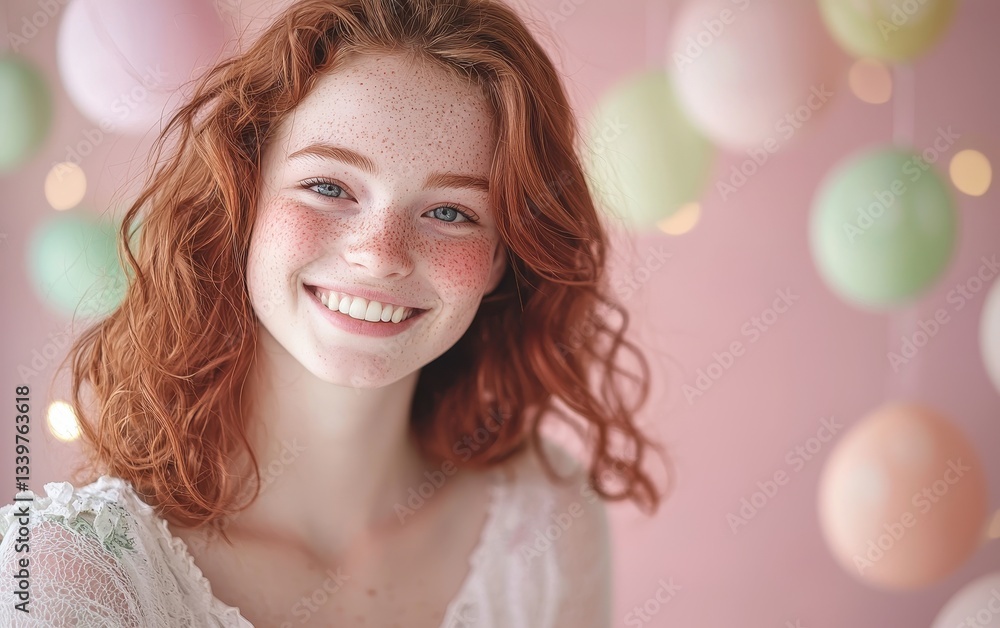 Young woman with freckles and a warm, gentle smile, on a pastel Easter background with soft decorations Young woman with freckles and a warm, gentle smile, on a pastel Easter background with soft decorations