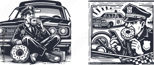 policeman biting into a donut sitting a crack car vintage color food theme engraving woodcut police officer, eating donut, vintage, engraving, black-and-white, illustration, law enforcement, line art