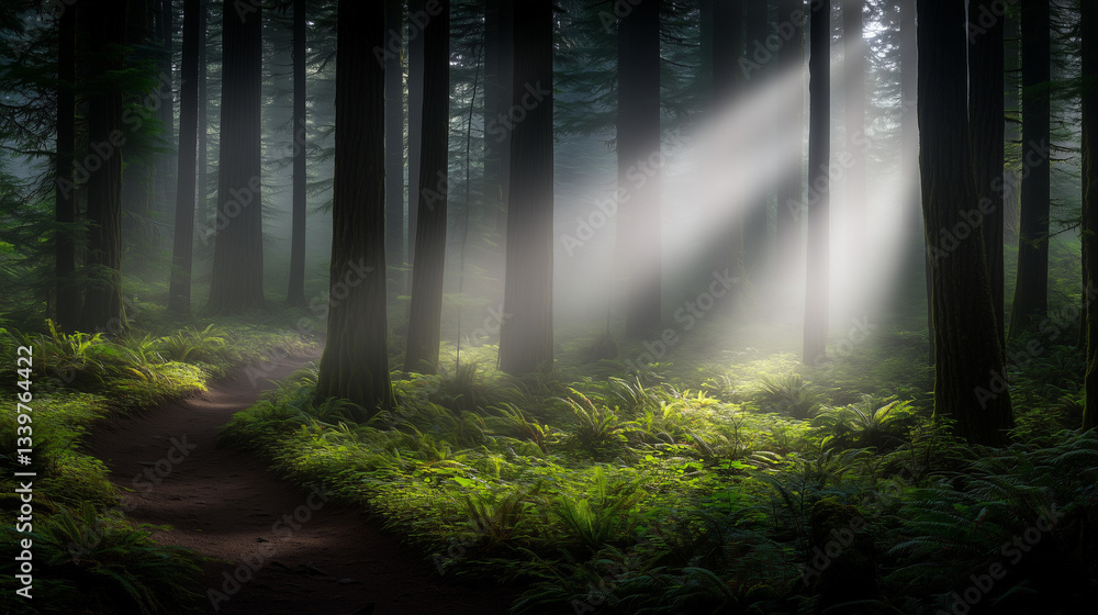 Fototapeta premium Mysterious Light Beam in a Dark Enchanted Forest