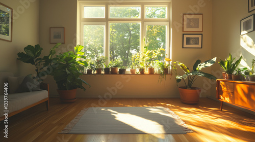 Minimalist Sunlit Interior with Wooden Furniture and Green Plants