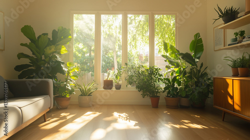 Minimalist Sunlit Interior with Wooden Furniture and Green Plants