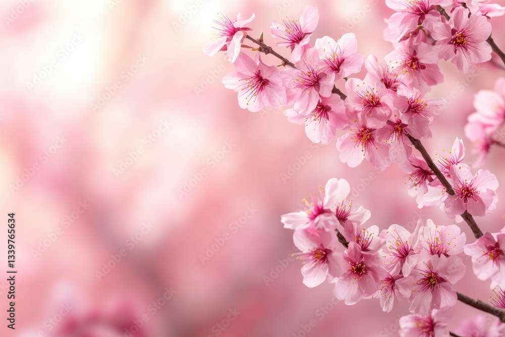 Closeup view of delicate pink cherry blossoms in soft focus, with a blurred background of more blossoms. Pastel pink tones dominate the image, creating a serene and romantic atmosphere Closeup view of delicate pink cherry blossoms in soft focus, with a blurred background of more blossoms. Pastel pink tones dominate the image, creating a serene and romantic atmosphere