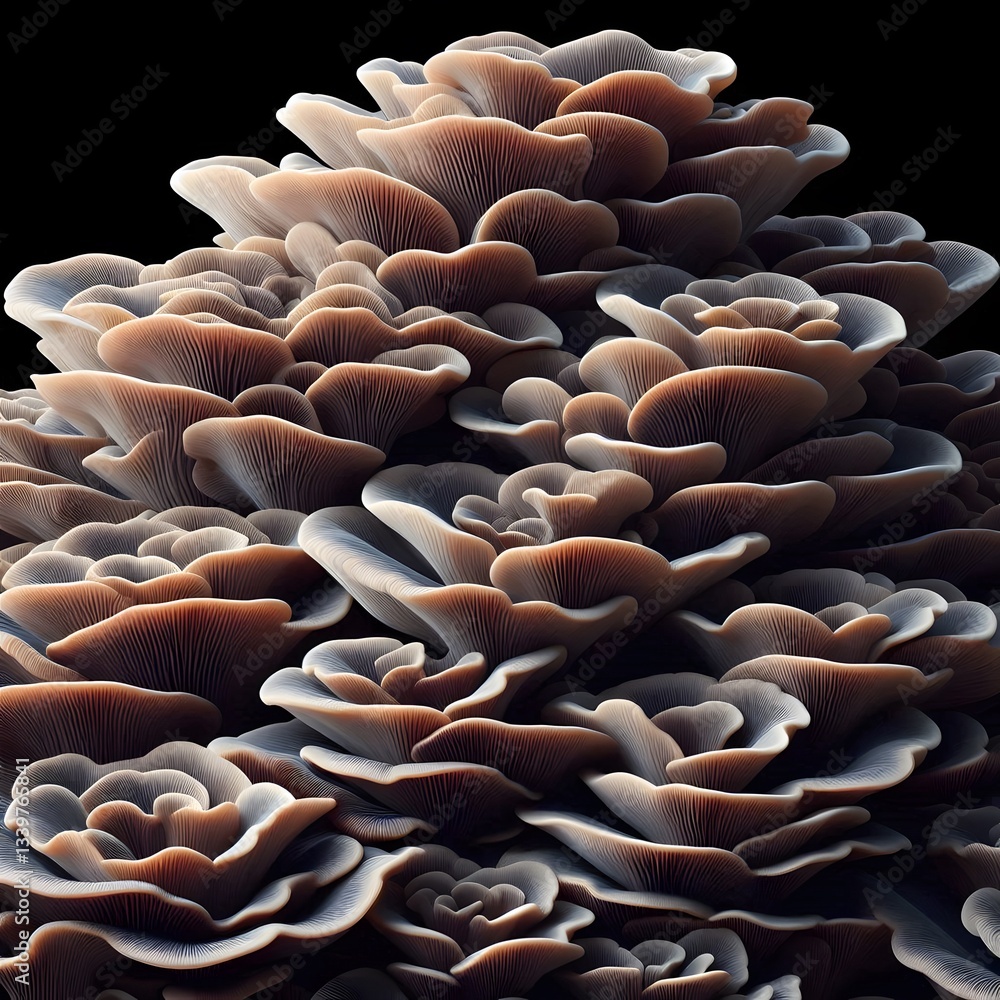 Obraz premium A hyper-realistic AI-generated close-up of a clustered shelf fungus, resembling layered leaves. The detailed textures are enhanced by soft lighting and a blurred background, a natural stock photo