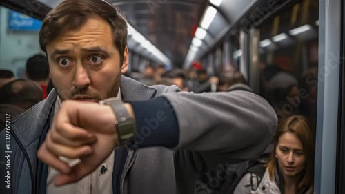 Anxious passenger repeatedly checks his watch while standing on a crowded subway train, his expression conveying frustration and impatience with the commute