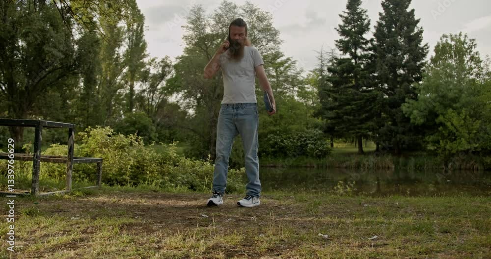 Man walks in park talking on phone holding book walking near lake, trees, grass, summer, phone call.