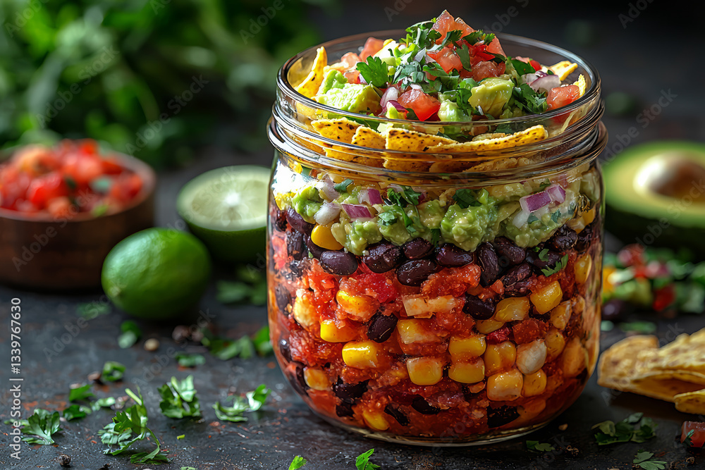Εκτύπωση καμβά A mason jar of layered nachos with salsa, guacamole, and melted cheese