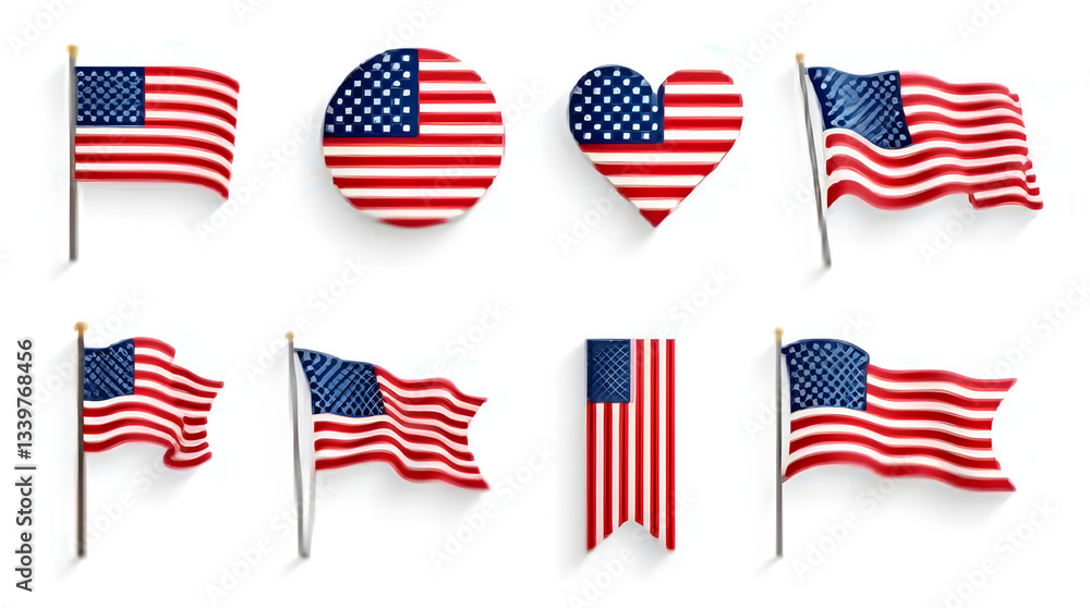 American Flags Vector Set Patriotic USA Heart Circle Waving Isolated American Flags Vector Set Patriotic USA Heart Circle Waving Isolated