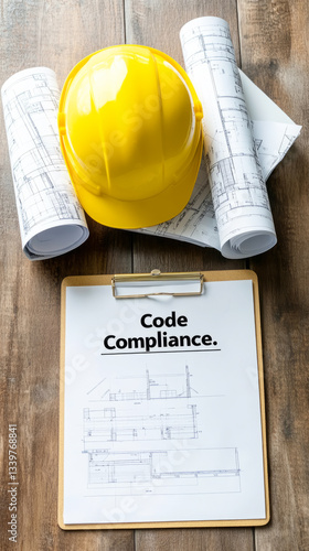 Code compliance document with construction helmet and blueprints on wooden surface