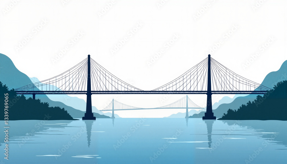 Fototapeta premium Geometric suspension bridge over calm water, modern design concept