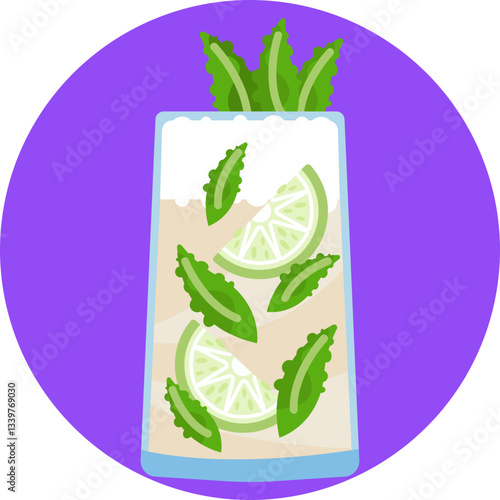 A mojito cocktail featuring mint leaves, lime wedges, and a sparkling drink.