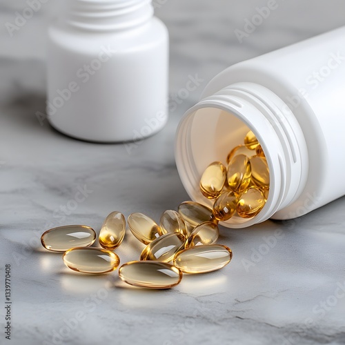 Golden capsules spilling from bottle on marble