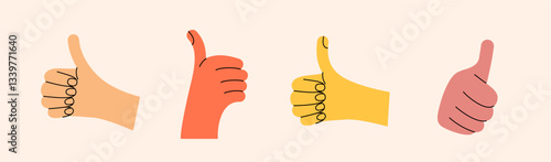 Like sign. Set of hand gestures in various positions. Colorful trendy vector illustration. Index, middle, ring, little fingers and thumb