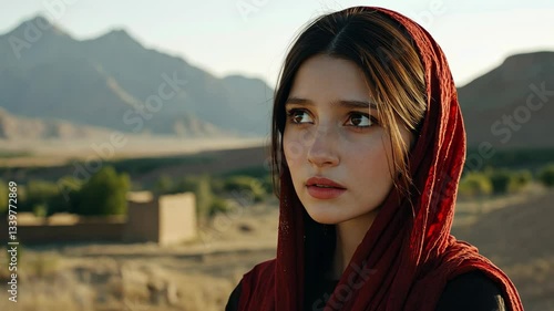 Young woman wearing a red scarf stands in front of a picturesque landscape at golden hour near mountains