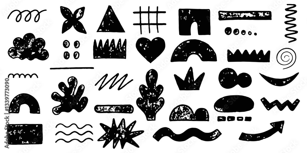 Fototapeta premium Hand drawn arrow scribble crayon set. Squiggle, scratch doodle kid arrow star set. Crayon scratch texture shape children kid naive. Vector illustration