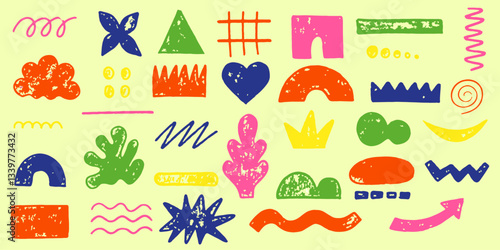 Hand drawn arrow scribble crayon set. Squiggle, scratch doodle kid arrow star set. Crayon scratch texture shape children kid naive. Vector illustration