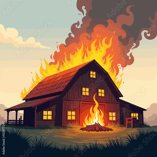 Burning barn surrounded by flames and smoke, destructive chaos