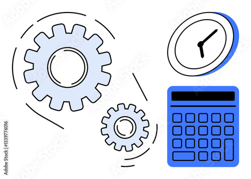 Large gears spinning, analog clock, and calculator emphasize workflow, optimization, and task management. Ideal for business, productivity tips, scheduling, efficiency apps time tracking project