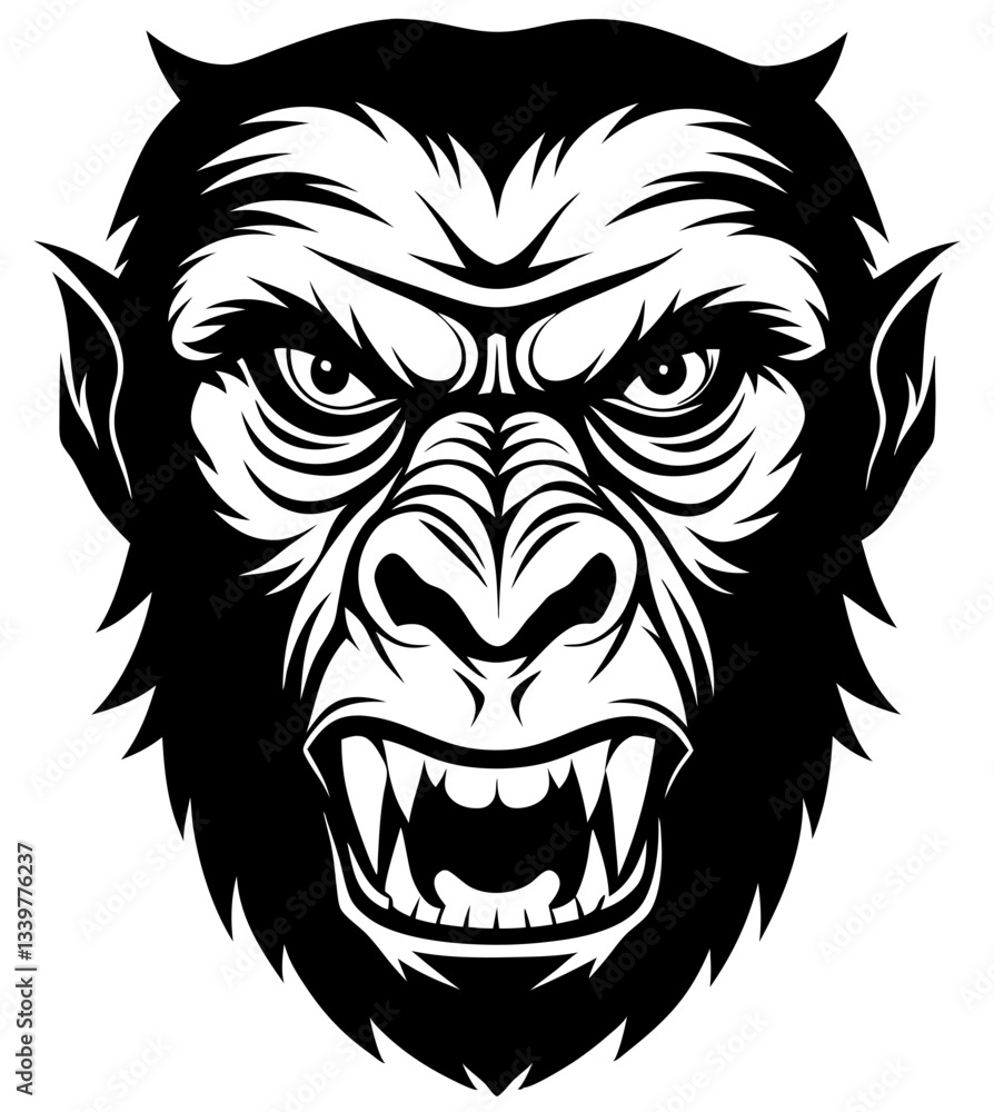 Obraz premium Angry Chimpanzee head simple black silhouette, Black silhouette vector icon, silhouette illustration
