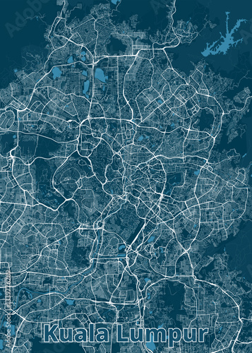 The image showcases a detailed map of Kuala Lumpur, Malaysia. The map is rendered in a minimalist style with white lines representing roads and waterways against a deep blue background.