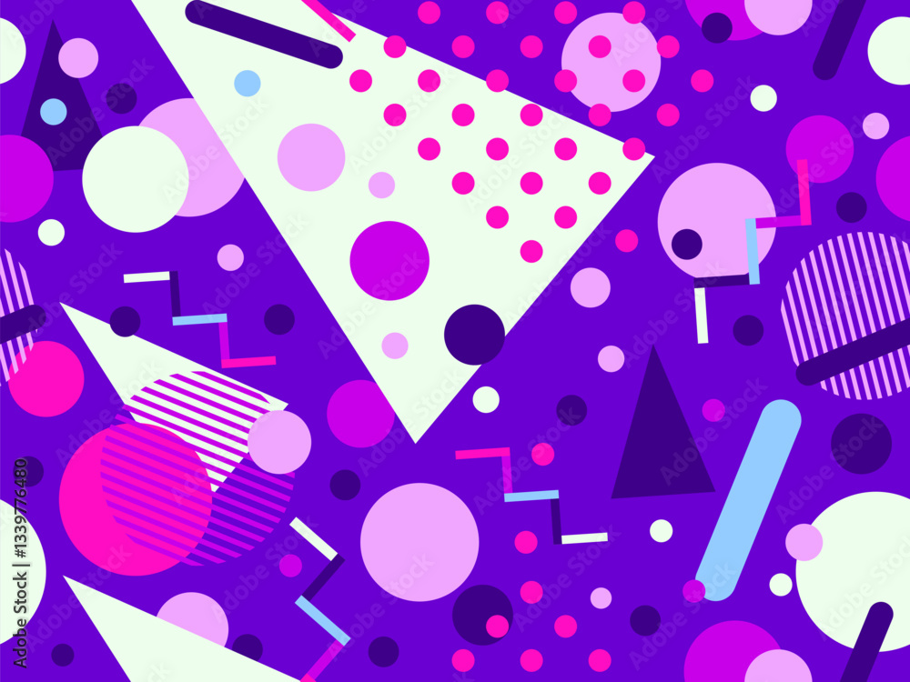 Fototapeta premium Geometric seamless pattern with memphis elements in 80s style. Colorful geometric pattern. Design of promotional products, wrapping paper and printing. Vector illustration