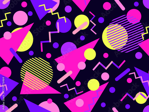 Geometric seamless pattern with memphis elements in 80s style. Colorful geometric pattern. Design of promotional products, wrapping paper and printing. Vector illustration
