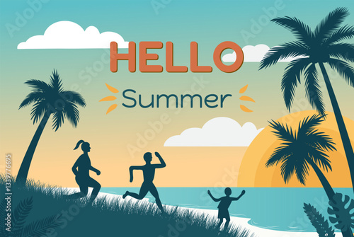 summer horizontal poster with palm trees and beach