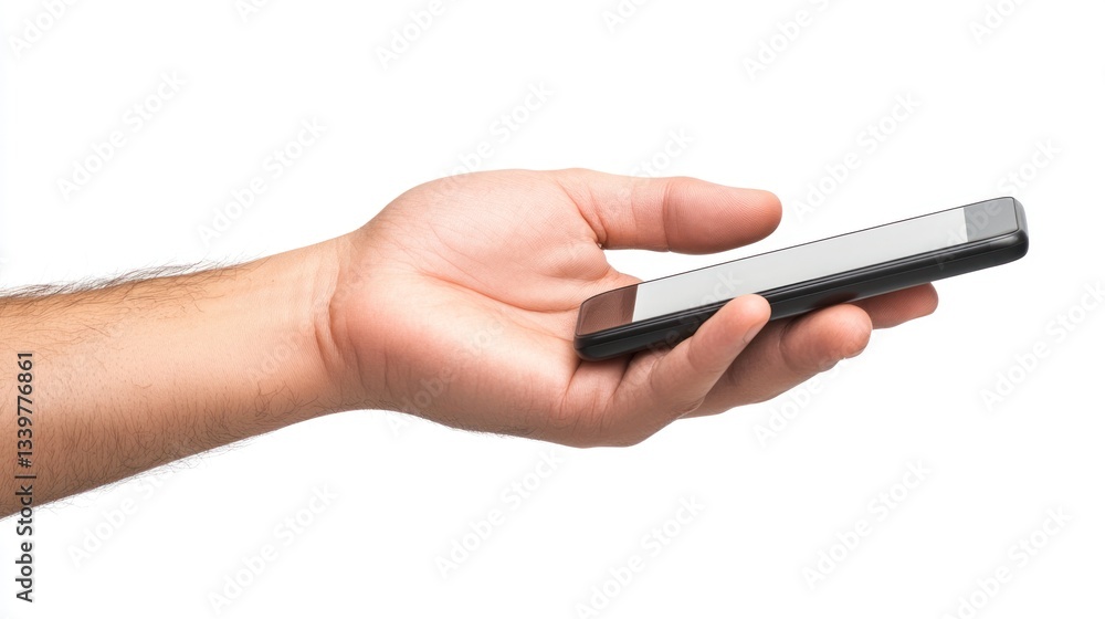 Hand Holding Smartphone, Close-up Image of a Man's Hand Gently Holding a Black Smartphone Against a Plain White Background Hand Holding Smartphone, Close-up Image of a Man's Hand Gently Holding a Black Smartphone Against a Plain White Background