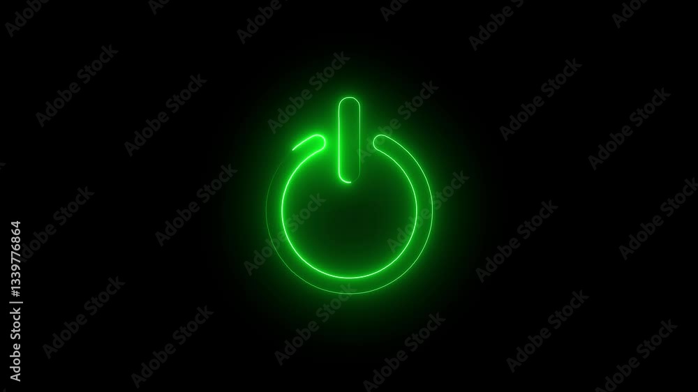 Glowing power button icon animated on a black background. The appearance of neon symbol power on . Glowing power button icon animated on a black background. The appearance of neon symbol power on .