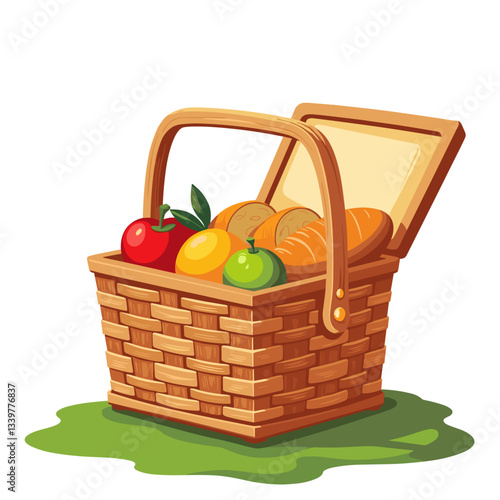 Colorful picnic basket filled with fruits and bread, summer delight