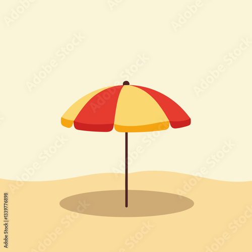 Colorful beach umbrella casting shadow on sand, summer relaxation