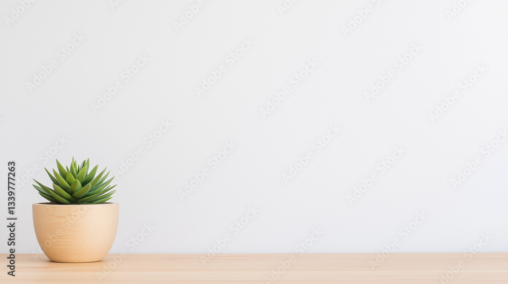 Fototapeta premium Minimalist Potted Plant on a Wooden Table with Soft Natural Light