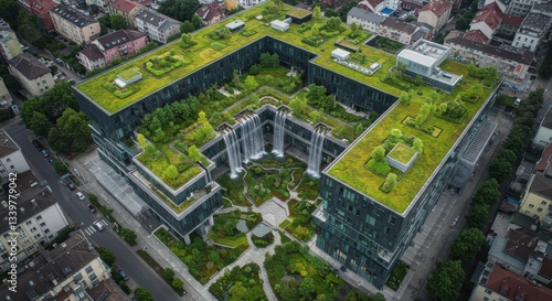 Wallpaper Mural Green Building with Waterfall Feature, Aerial View in Urban Setting Torontodigital.ca
