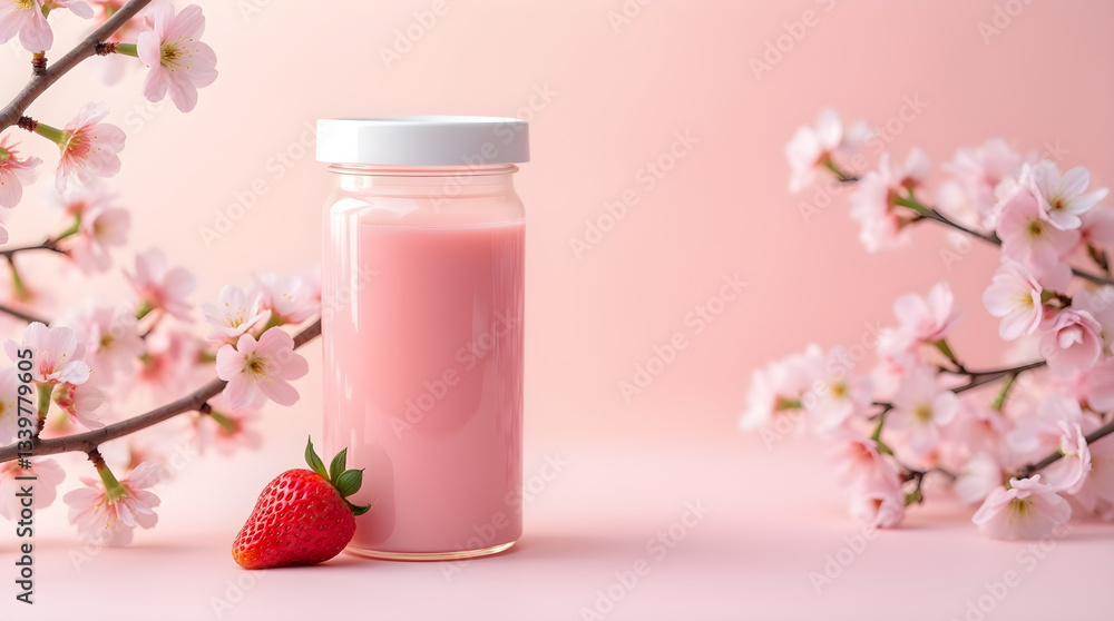 Aesthetic Pink Strawberry Drink with Cherry Blossoms in Glass Bottle Aesthetic Pink Strawberry Drink with Cherry Blossoms in Glass Bottle