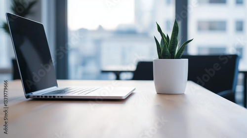 Wallpaper Mural Minimalist Office Desk with a Laptop and a Small Potted Plant
 Torontodigital.ca