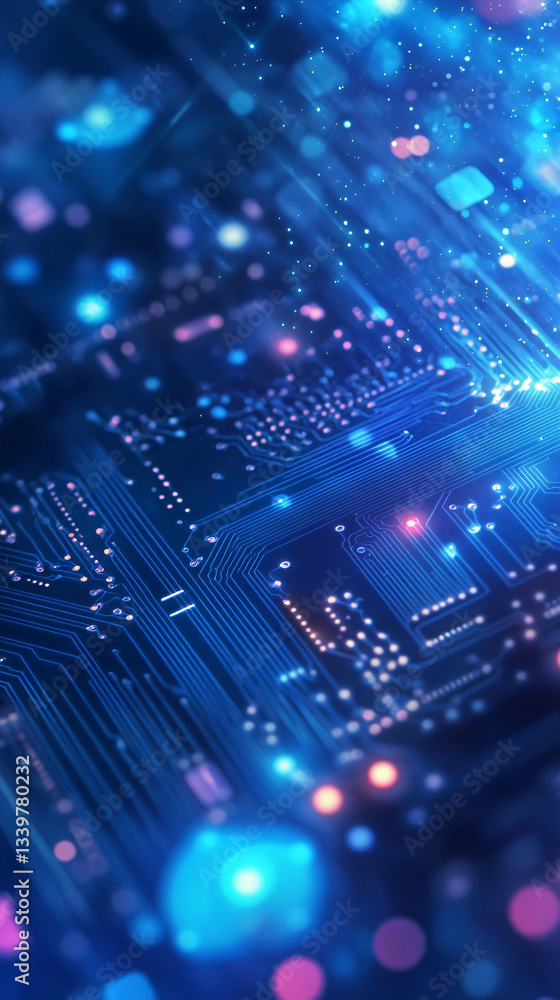 Obraz premium A high-tech futuristic circuit board with glowing blue lights and digital connections representing technology innovation and advanced computing 