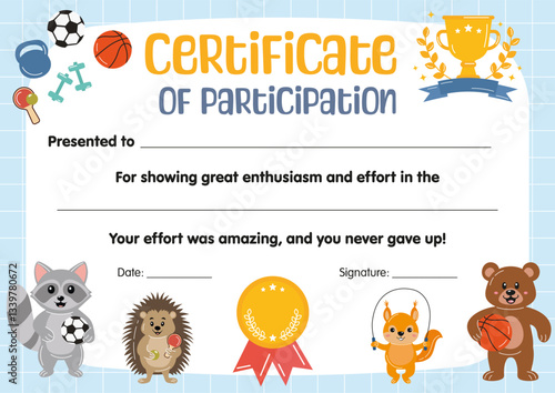 Certificate of participation for kids in sport competitions. Diploma template for kids, certificate of appreciation for sport in school preschool kindergarten, summer camp. Certificate of achievement.
