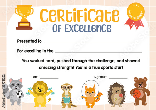 Certificate of excellence for kids in sport competitions. Diploma template for kids, certificate of appreciation for sport in school preschool kindergarten, summer camp. Certificate of achievement.