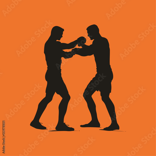 vector design using only black silhouettes of two men wrestling against a bold orange background.