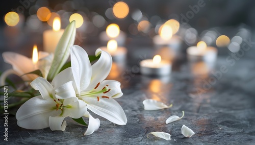 White Lily Still Life with Candles and Bokeh Lights for Sympathy and Condolences