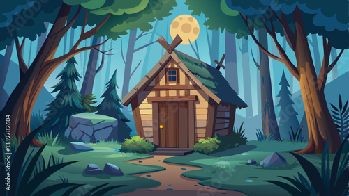 rustic wooden hut, its door slightly open, sits abandoned in a quiet, moonlit forest with mist rolling in