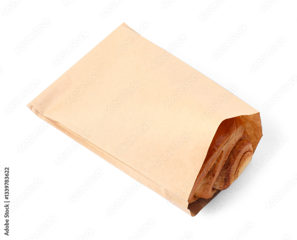 Paper bag with freshly baked bun isolated on white, above view Paper bag with freshly baked bun isolated on white, above view